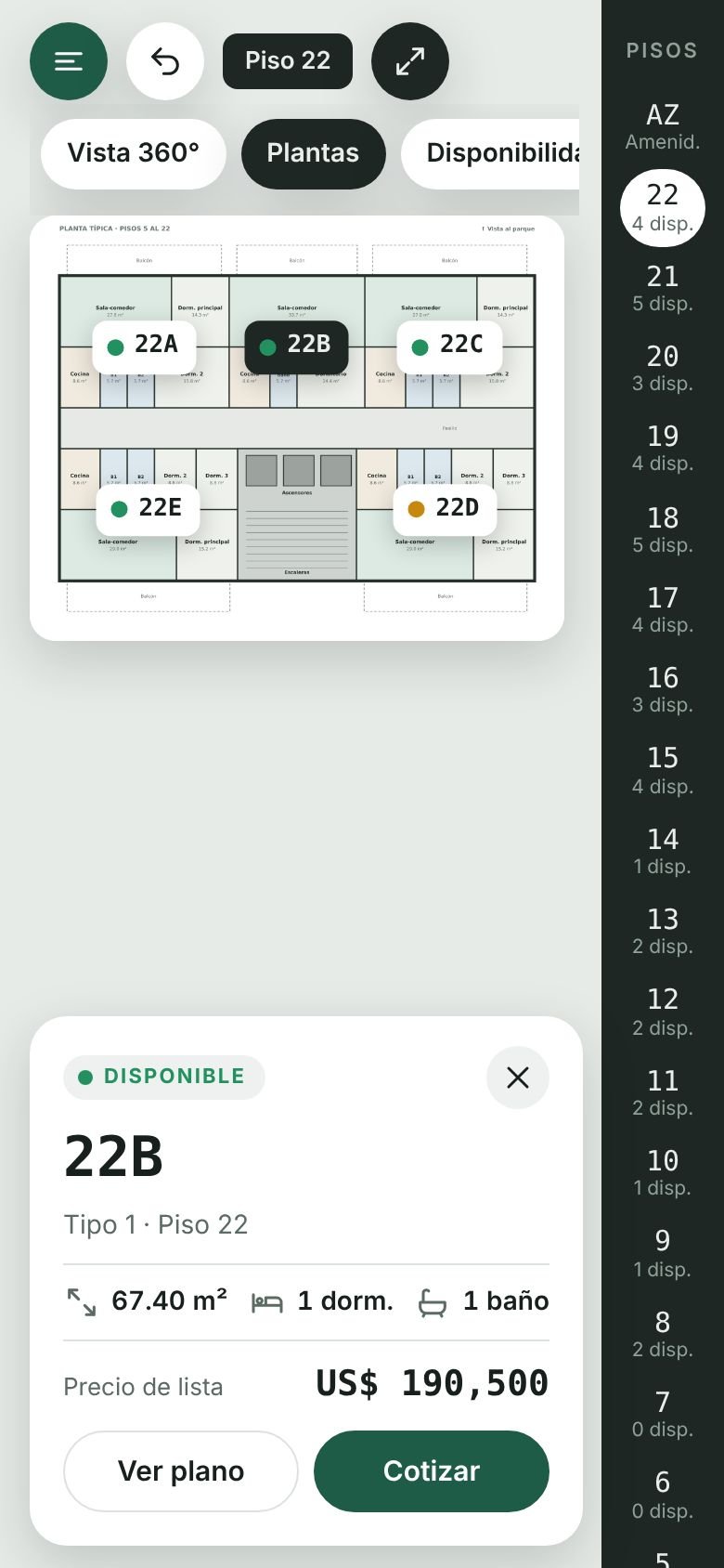 El recorrido abierto en un celular, mostrando la planta del piso 22